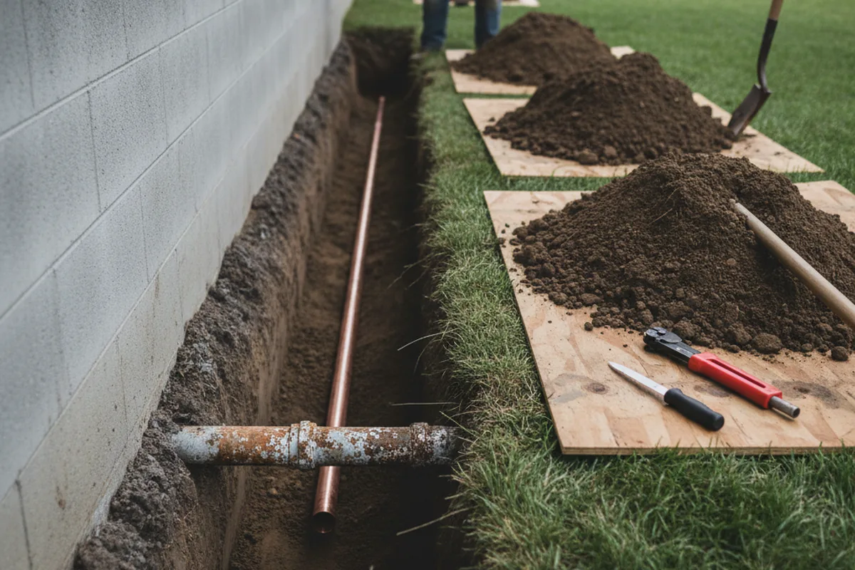 Excavated water line trench during Sewer Line Repair in Sussex